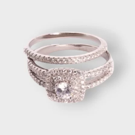 2 Piece Square Cubic Zirconia with Round Stone And Sterling Silver 925 Ladies Ring & Band