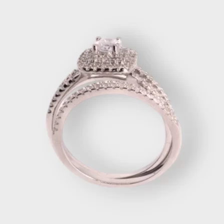 2 Piece Square Cubic Zirconia with Round Stone And Sterling Silver 925 Ladies Ring & Band