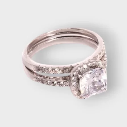 Big Square Studded Cubic Zirconia 2 Piece Sterling Silver Ladies Ring & Band