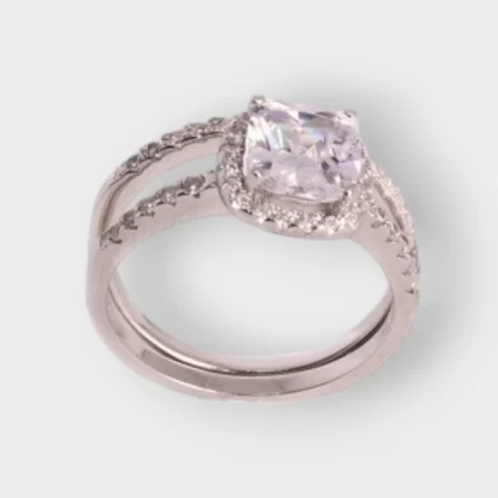 Big Square Studded Cubic Zirconia 2 Piece Sterling Silver Ladies Ring & Band